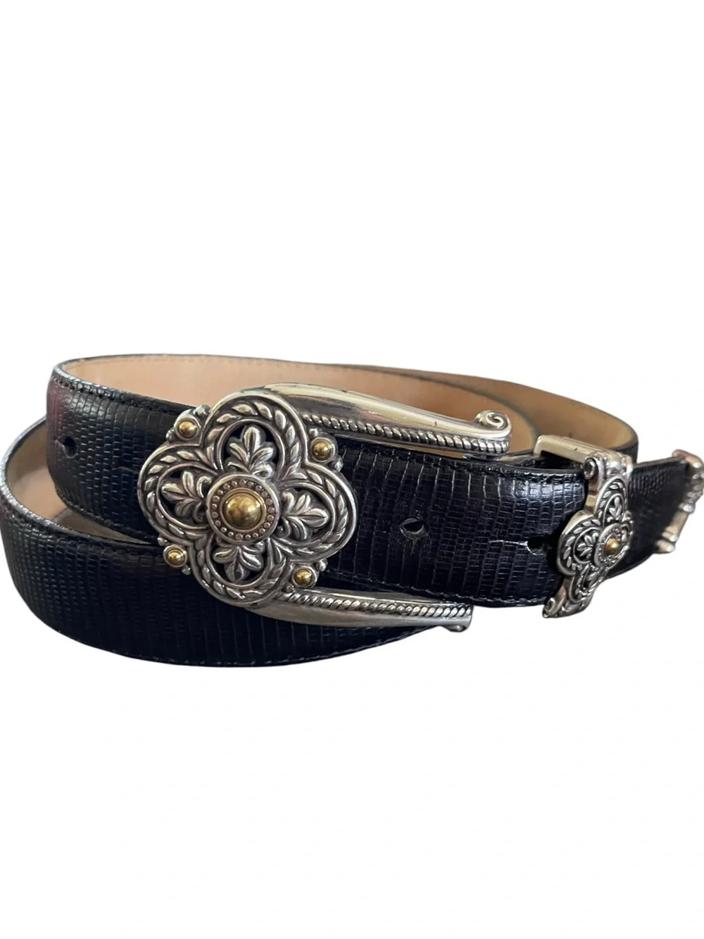 Brighton Black Leather Belt with Ornate Floral Hardware Country Western‎ Chic XL